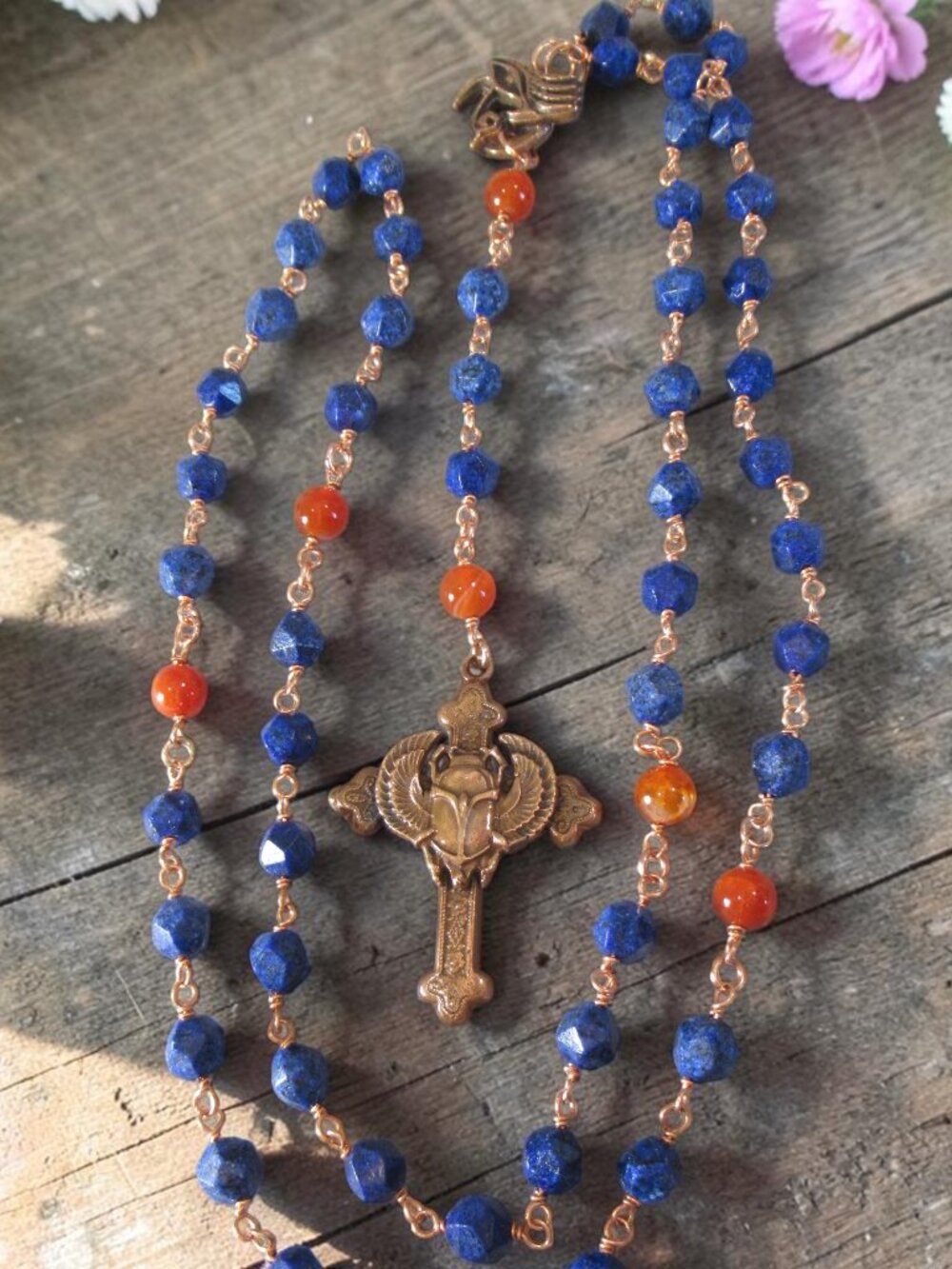 Scarab Rising Rosary, Egyptiana Lapis and Copper